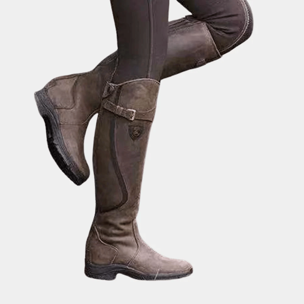 Knee High Boots Leather Water Resistant Slim Fit Buckle Strap - Nalani - UK Fashion Clothing and Decor