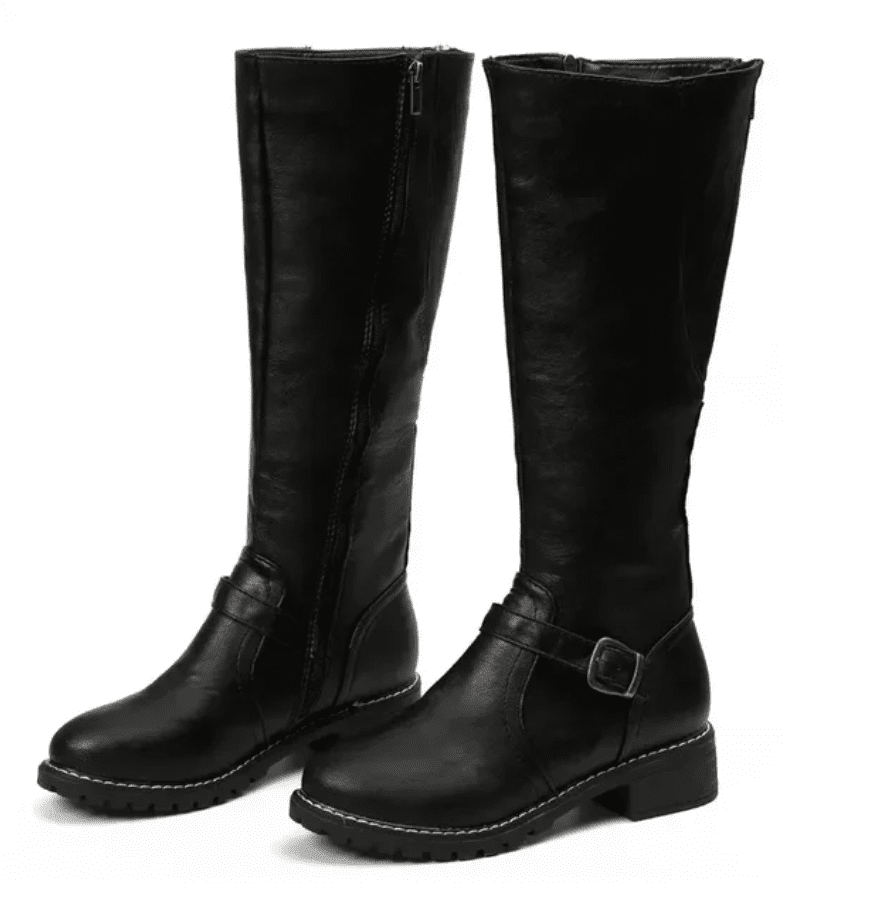 Knee High Boots With Buckle Strap And Low Block Heel - Nalani - UK Fashion Clothing and Decor