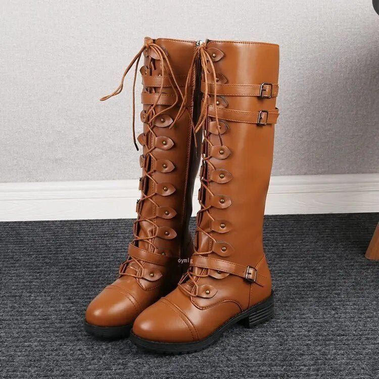 Knee High Lace Up Boots Leather Look With Buckle Accents - Nalani - UK Fashion Clothing and Decor