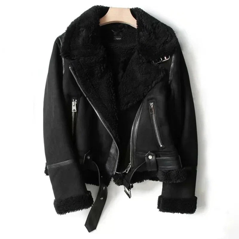 Leather Jacket With Belted Hem And Zipper Closure Shearling Trim - Nalani - UK Fashion Clothing and Decor
