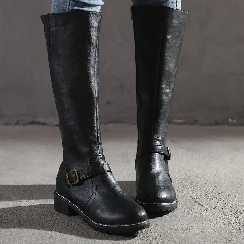 Leather Look Knee High Boots With Buckle Strap And Sleek Fit - Nalani - UK Fashion Clothing and Decor