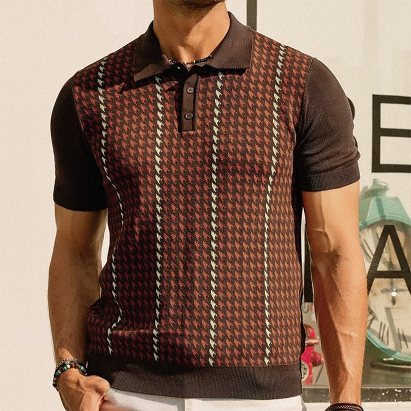 Men's Fine Knit Polo Shirt With Houndstooth Jacquard Panel - Nalani - UK Fashion Clothing and Decor