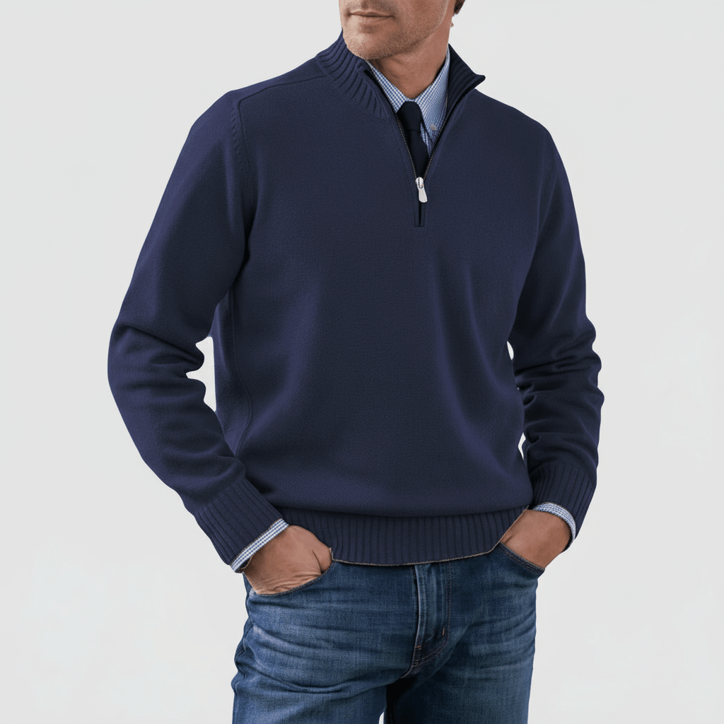 Mens Half Zip Mock Neck Knit Sweater With Ribbed Trims - Nalani - UK Fashion Clothing and Decor