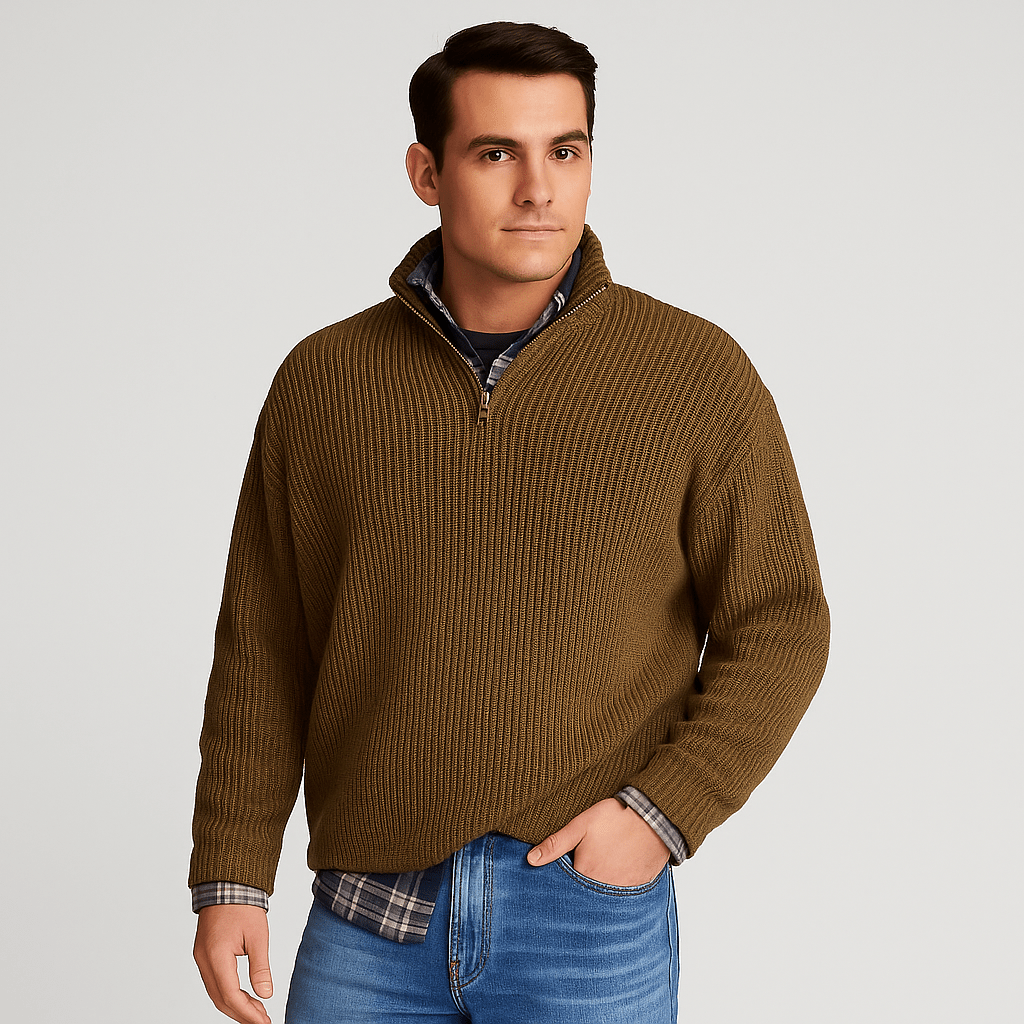 Mens Half Zip Ribbed Sweater With Stand Collar Layering - Nalani - UK Fashion Clothing and Decor