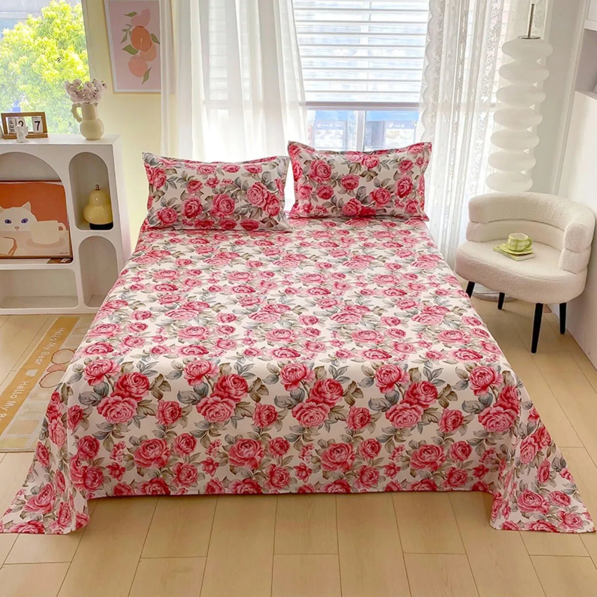 Red Floral Printed Flat Duvet Cover For Double Bed - Nalani - UK Fashion Clothing and Decor