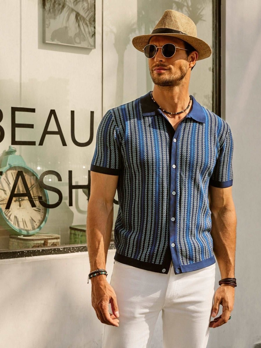 Retro Striped Button Down Polo Shirt For Men Short Sleeve - Nalani - UK Fashion Clothing and Decor