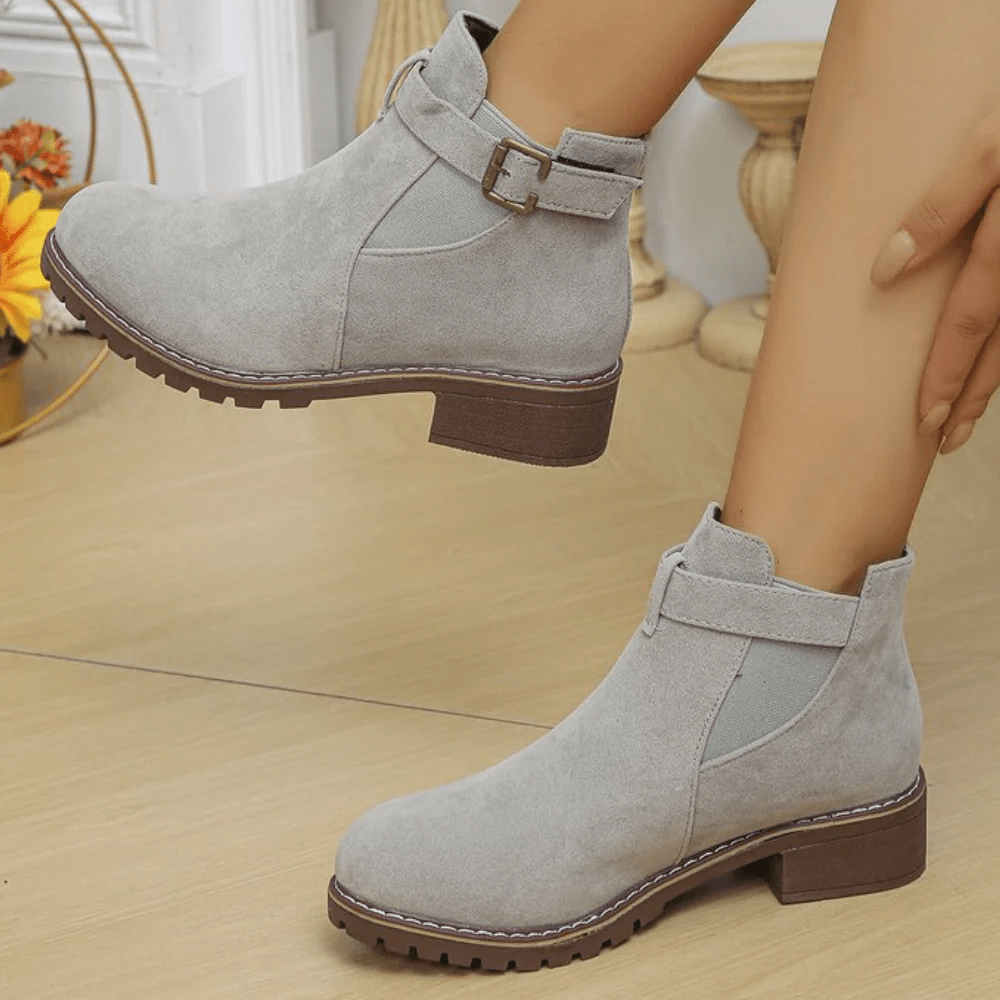 Suede Buckle Strap Ankle Boots Elastic Panel Gripped Sole - Nalani - UK Fashion Clothing and Decor