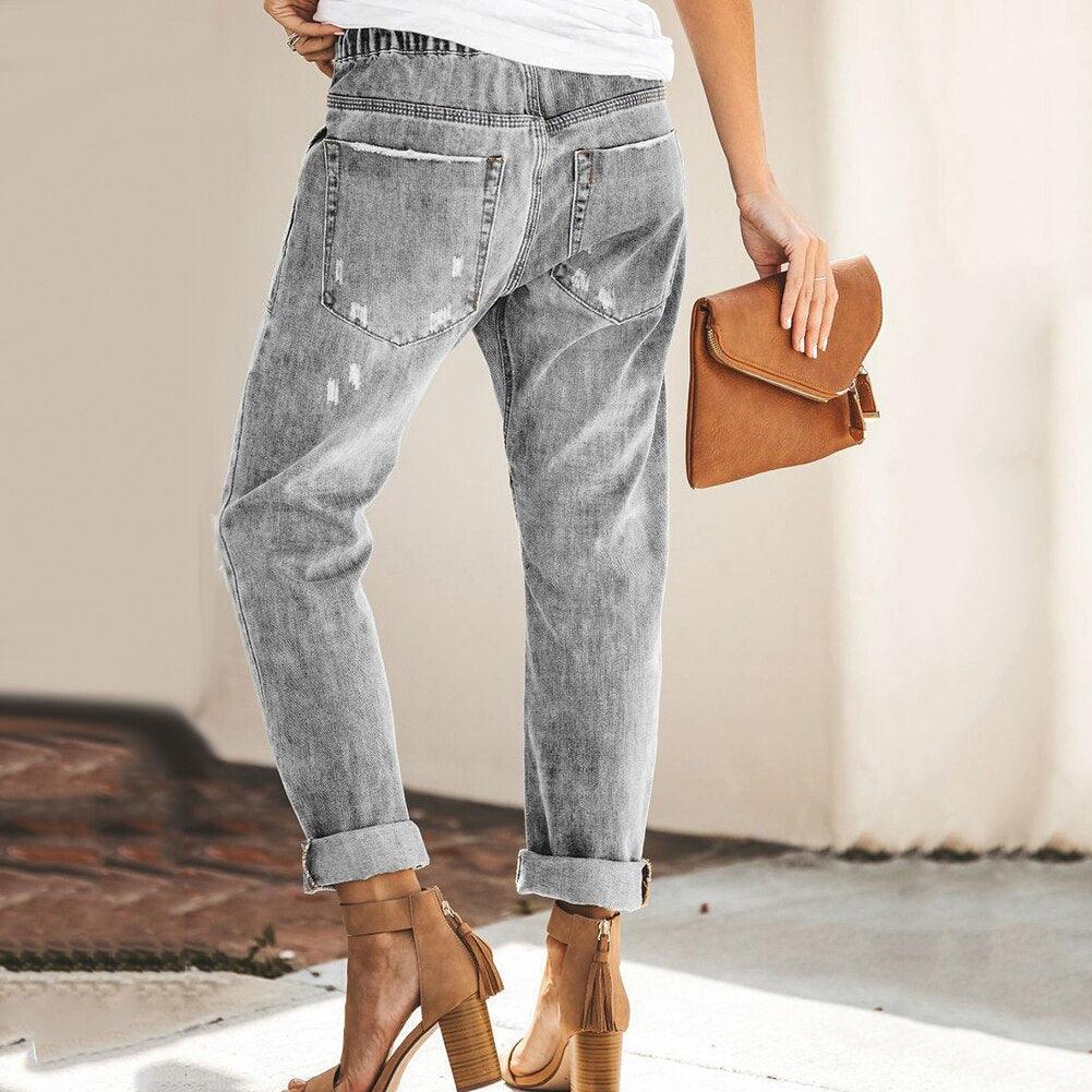 Women's Denim Jogger Trousers - Relaxed Fit - Elastic Waist - Distressed Casual Style - Nalani - UK Fashion Clothing and Decor