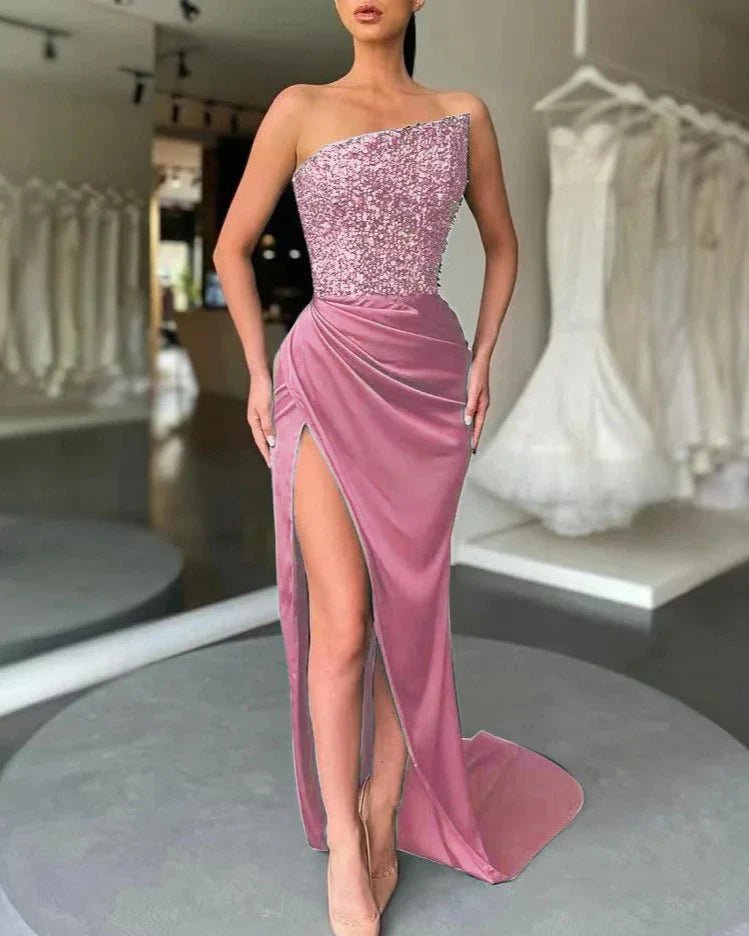 Women's Evening Prom Dress - Strapless Sequined Bodice - High Slit Flowing Design - Nalani - UK Fashion Clothing and Decor