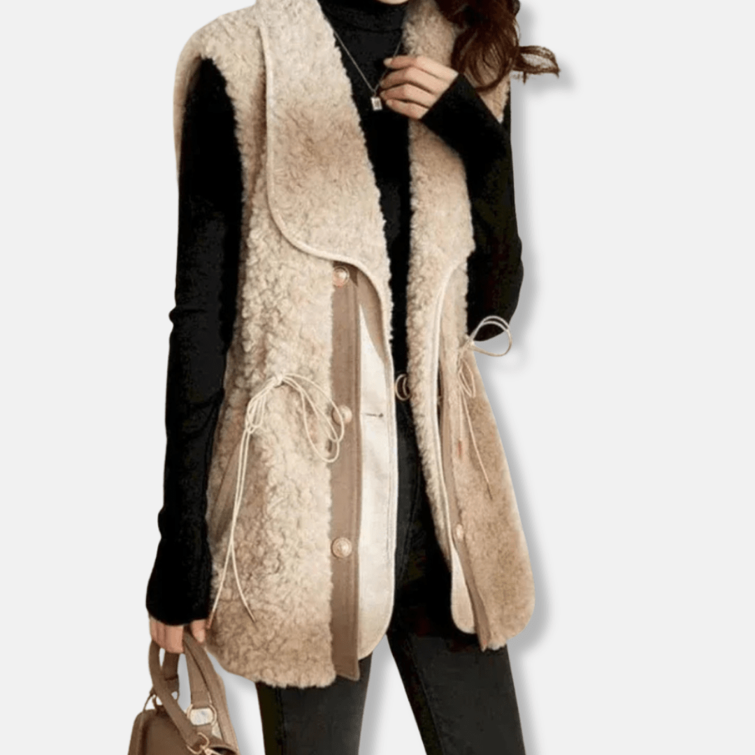 Womens Faux Wool Vest With Shawl Collar Relaxed Fit Hip Length - Nalani - UK Fashion Clothing and Decor