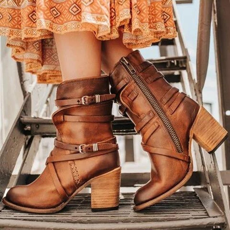 Women's Leather Ankle Boots Slouchy Buckle Straps Block Heel - Nalani - UK Fashion Clothing and Decor