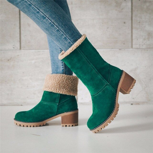 Women's Mid Calf Suede Boots With Shearling Lining And Block Heel - Nalani - UK Fashion Clothing and Decor