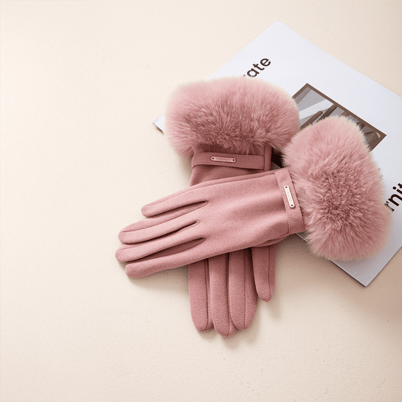 Wrist Length Fur Trim Gloves With Metal Detail For Women - Nalani - UK Fashion Clothing and Decor