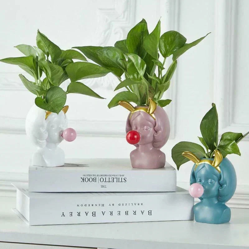 Cute Bubblegum Girl Ceramic Face Vase for Whimsical Home Decor NALANI
