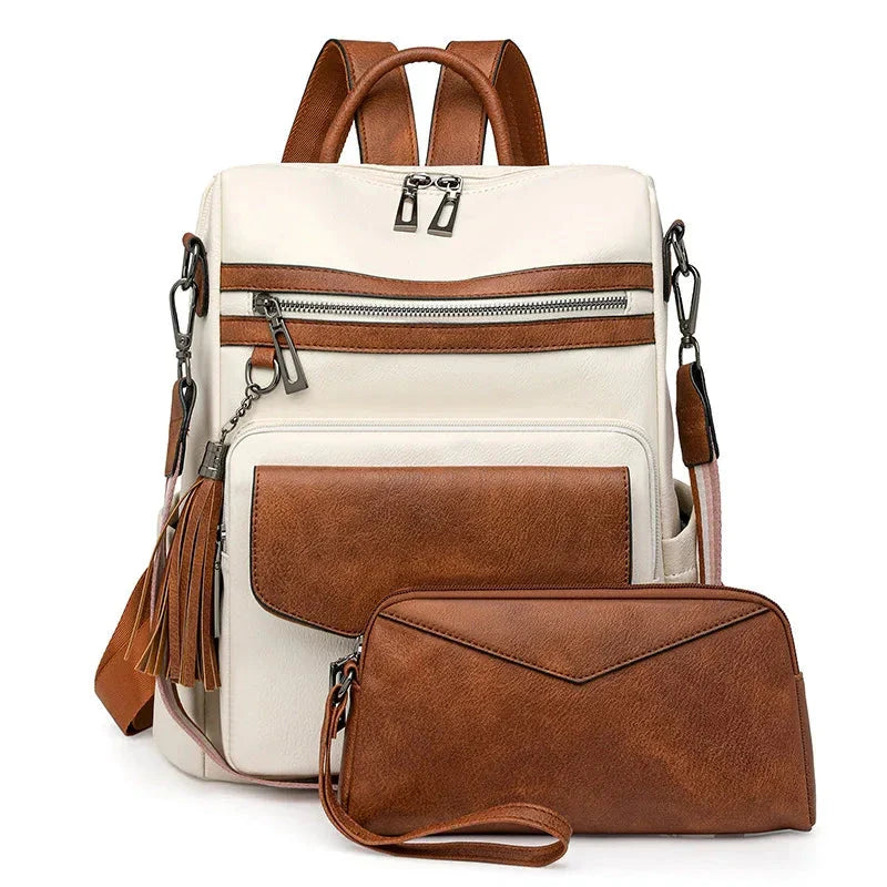 Vegan Leather Womens Backpack With Gift Bag Padded Straps White With Brown NALANI