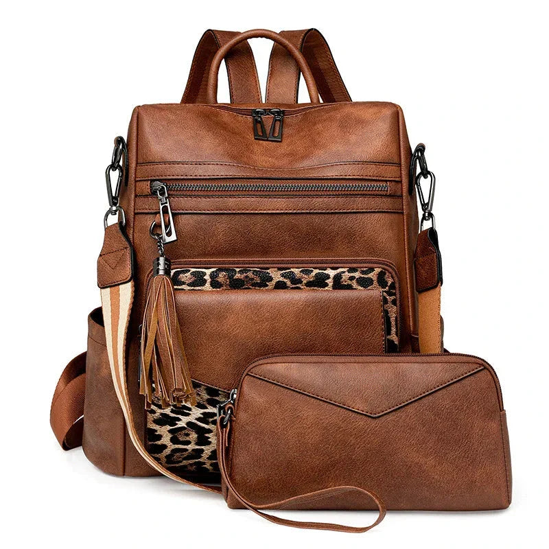 Vegan Leather Womens Backpack With Gift Bag Padded Straps Brown With Leopard Print NALANI
