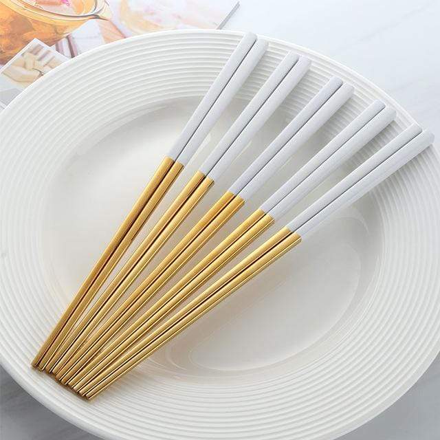 Five Pairs Stainless Steel Chopsticks Set Modern Dining Gold And White NALANI