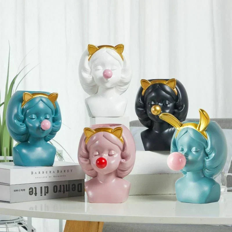 Cute Bubblegum Girl Ceramic Face Vase for Whimsical Home Decor NALANI