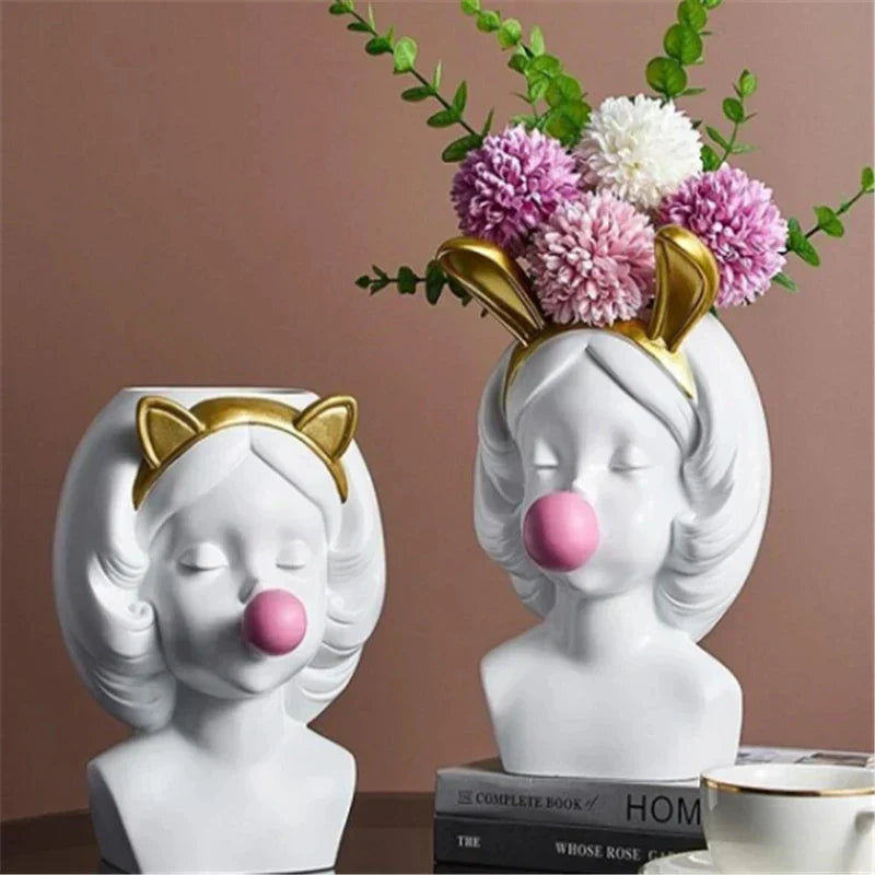 Cute Bubblegum Girl Ceramic Face Vase for Whimsical Home Decor NALANI
