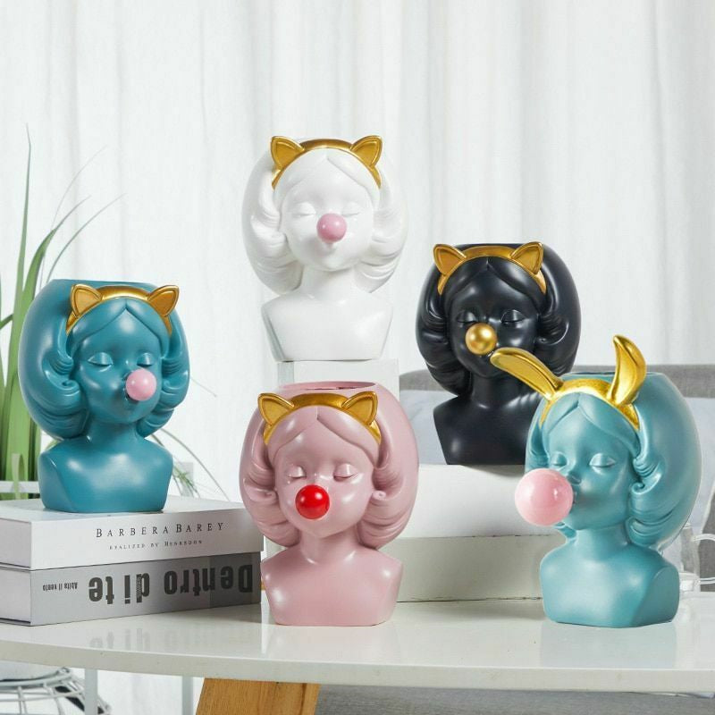Cute Bubblegum Girl Ceramic Face Vase for Whimsical Home Decor NALANI