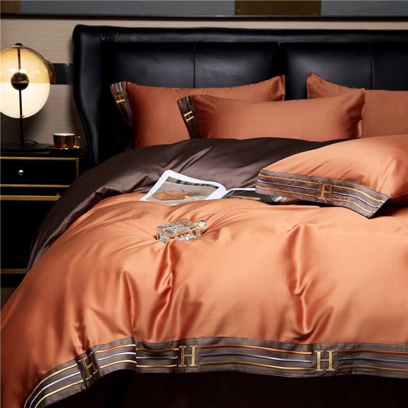 Embroidered Satin Cotton Bedding Set 4 Piece Comfortable Orange NALANI