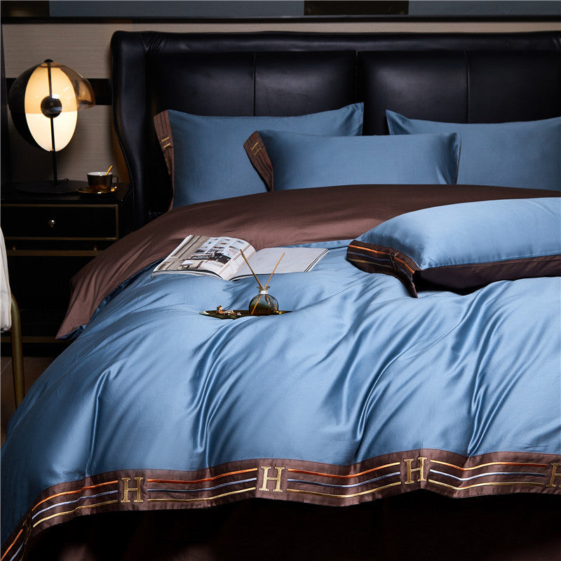 Embroidered Satin Cotton Bedding Set 4 Piece Comfortable Blue NALANI