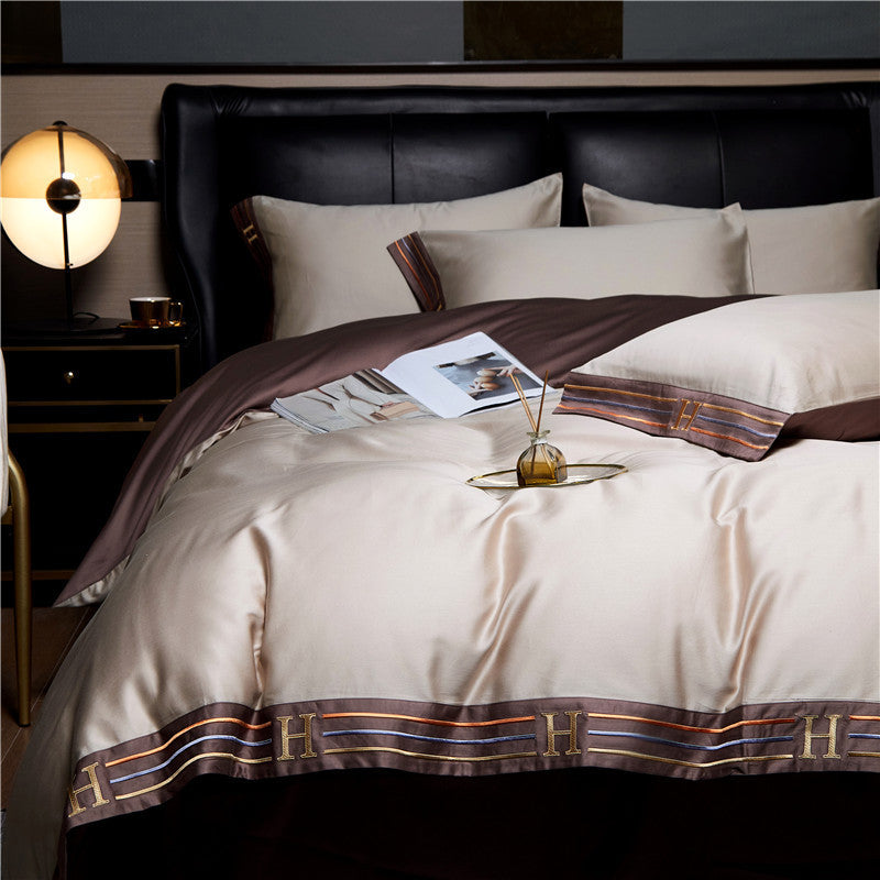 Embroidered Satin Cotton Bedding Set 4 Piece Comfortable Khaki NALANI