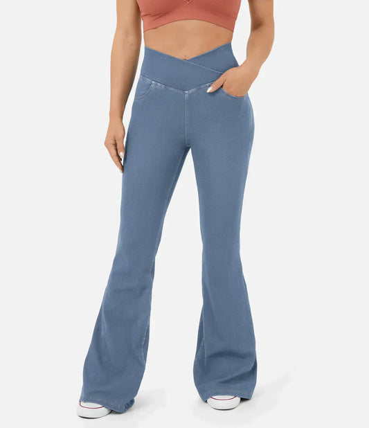 Women's elasticated Wide leg flared jeans with high waist