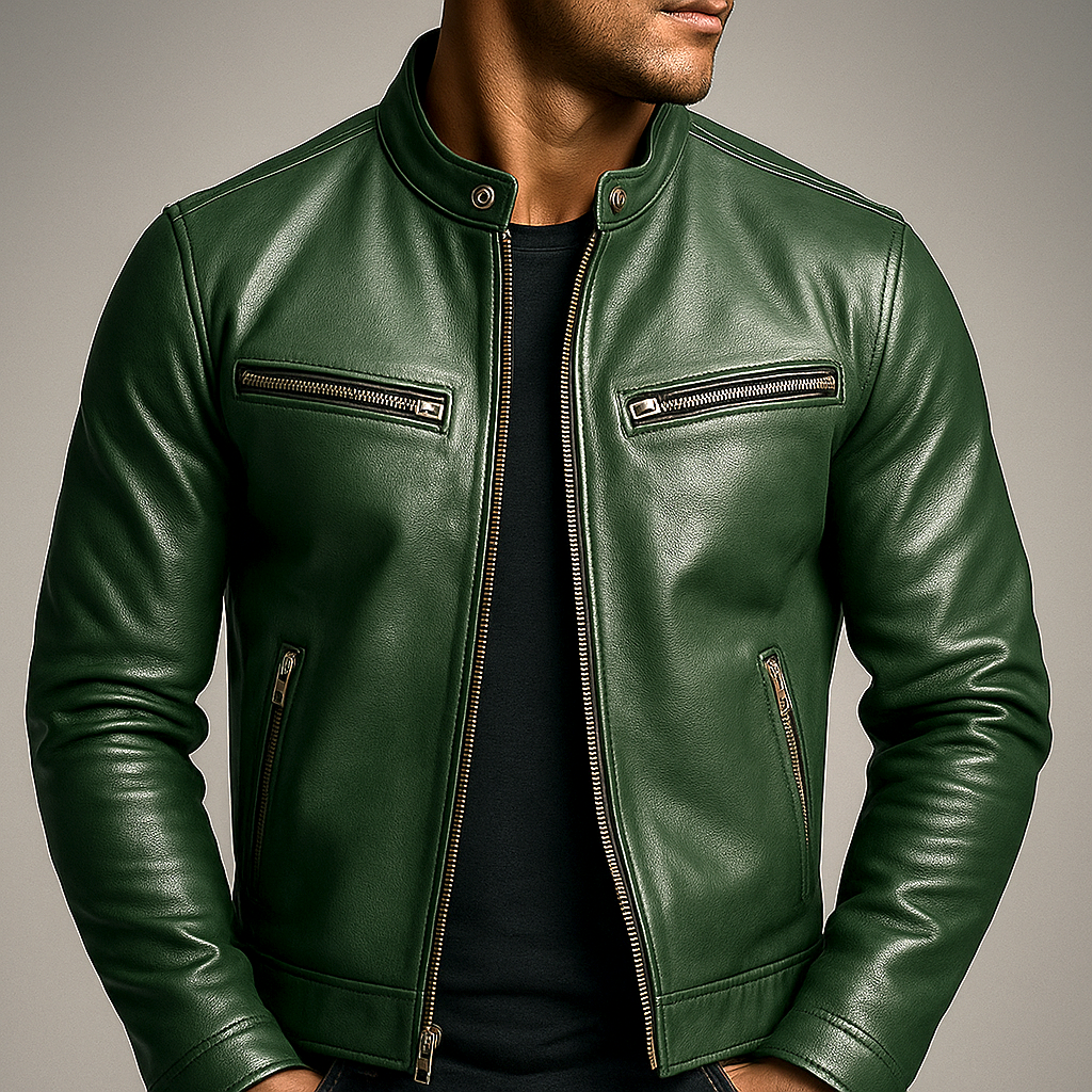 Men's Leather Jacket - Vintage Vegan Leather Zip Jacket with Pockets