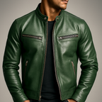 Men's Leather Jacket - Vintage Vegan Leather Zip Jacket with Pockets