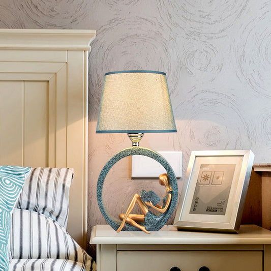 Blue Resin Night Lamp Table Lamp With Tapered Fabric Shade NALANI