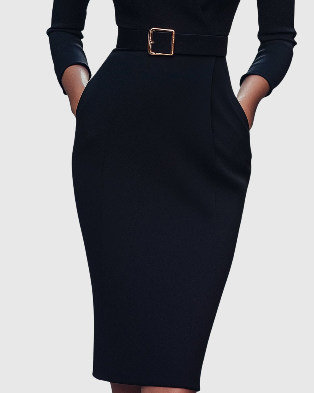Claribel | Refined Midi Dress Mock Wrap Neckline Belt Accent For Work