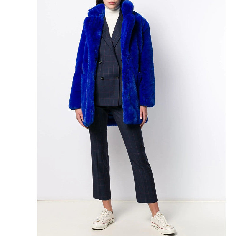 Medium Length Sherpa Faux Fur Coat For Women Soft Warm Royal blue NALANI