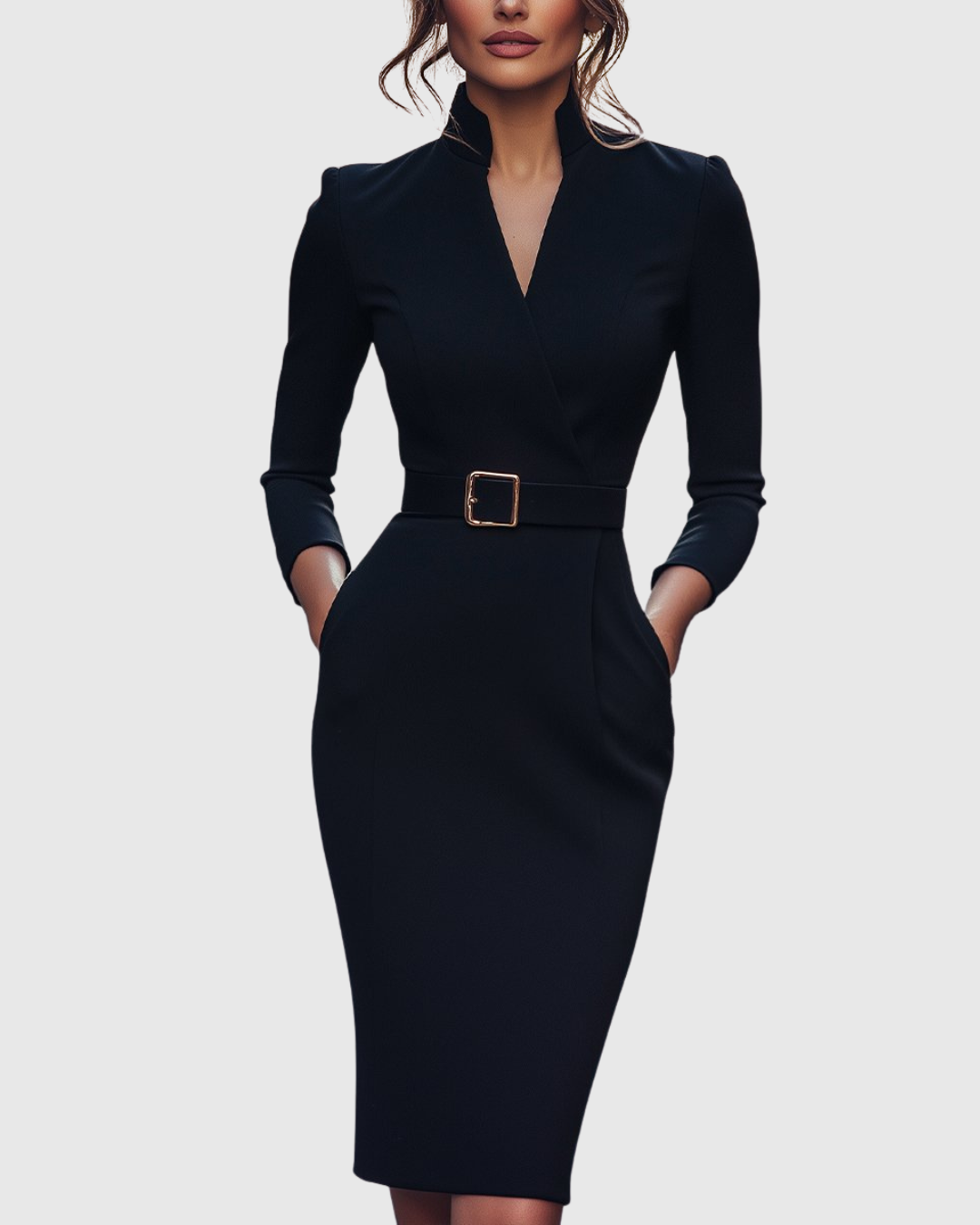 Claribel | Refined Midi Dress Mock Wrap Neckline Belt Accent For Work