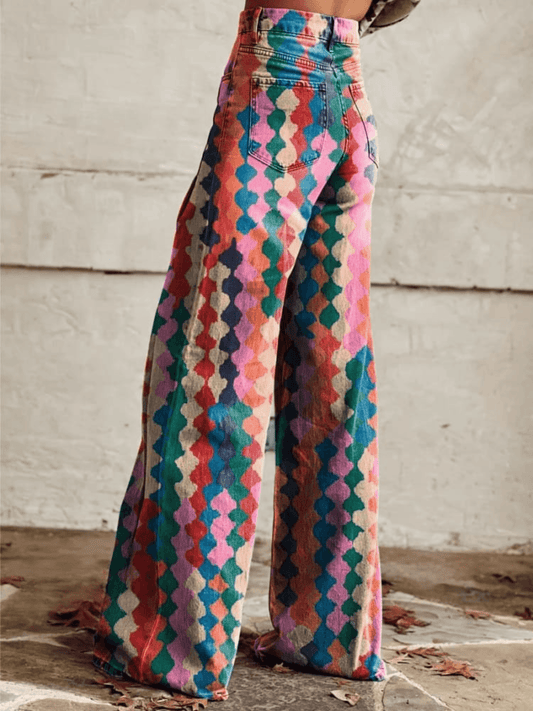 Ovara | Women's Retro Chic Wide-Leg Pants - Geometric Pattern - Vibrant Colors - Casual Elegance