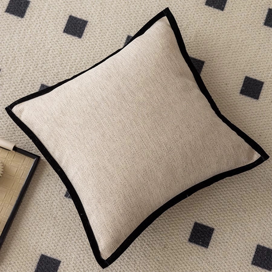 French Retro Black Border Cushion Covers Cotton Jacquard Black Edge Oatmeal Color NALANI