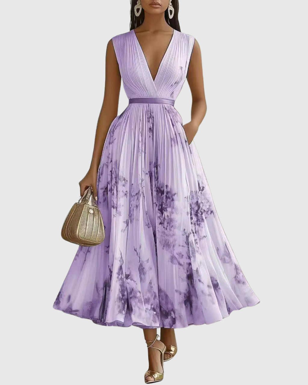 Rowella | Elegante abito lungo plissettato con scollo a V e cintura a nastro in vita