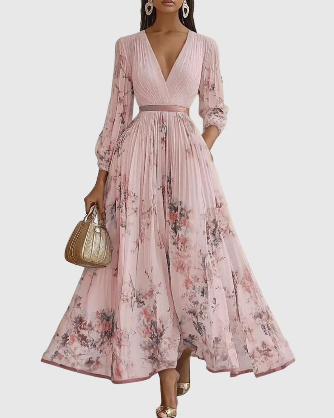Rowella | Elegante abito lungo plissettato con scollo a V e cintura a nastro in vita