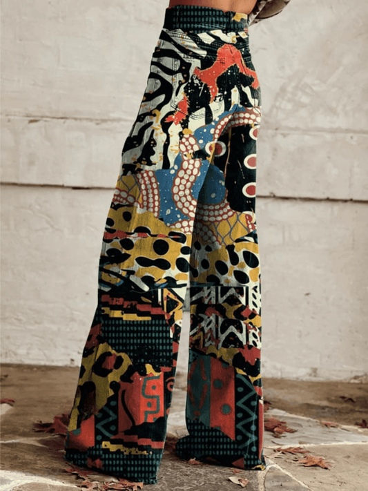 Ovara | Women's Wide-Leg Trousers – High-Waisted – Statement Abstract Print – Denim Vintage Look