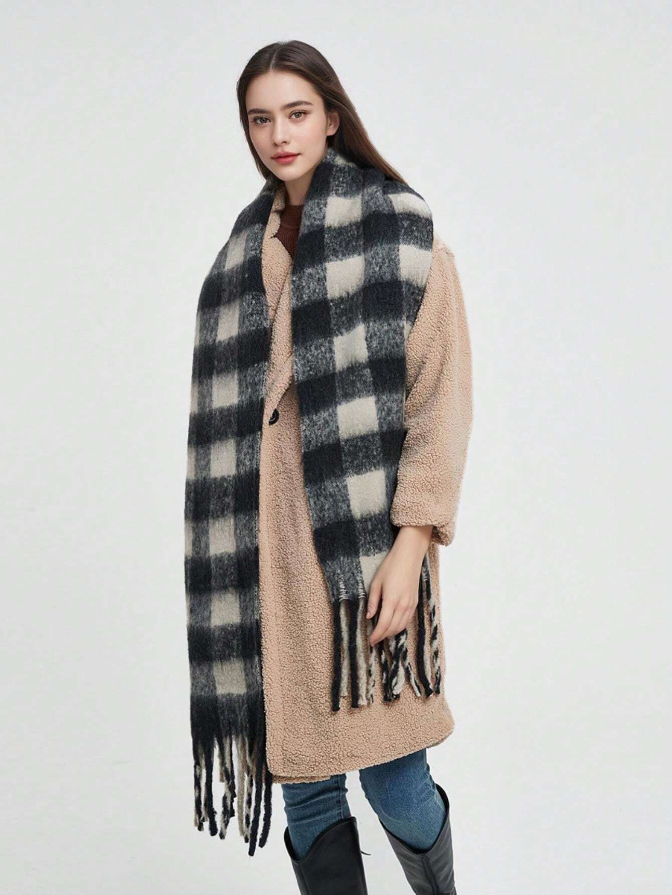 Thick Warm Plaid Cashmere Winter Scarf Rainbow Hues NALANI