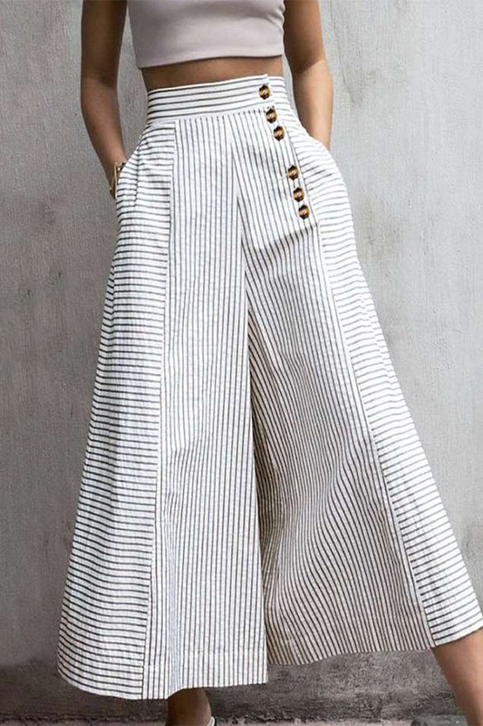 Caleni | Women's Wide-Leg Trousers - High Waist - Lightweight Cotton Blend - Striped - With Pockets