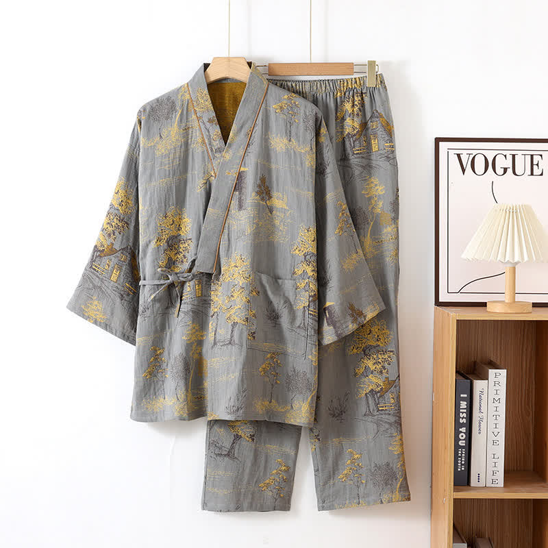 Neutraal Landschap Kimono Katoenen Pyjama Set Licht Grijs