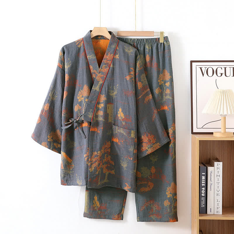 Neutraal Landschap Kimono Katoenen Pyjama Set Grijs Blauw