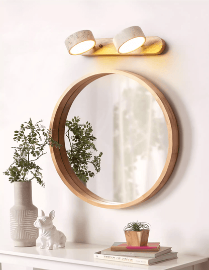 Travertine Duo Wall Light With Wood Accents Warm Glow NALANI