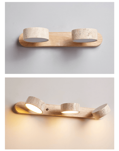 Travertine Duo Wall Light With Wood Accents Warm Glow NALANI