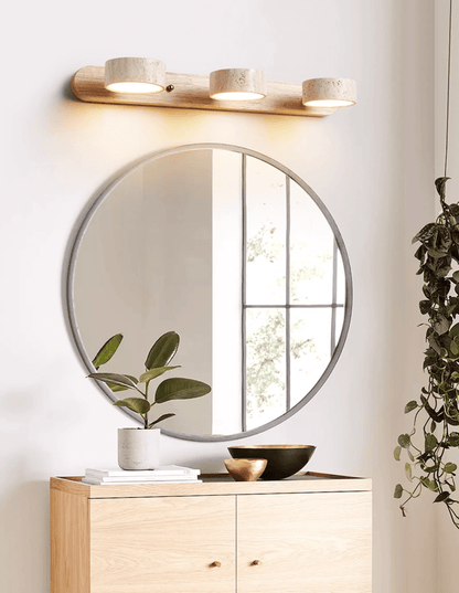 Travertine Duo Wall Light With Wood Accents Warm Glow NALANI