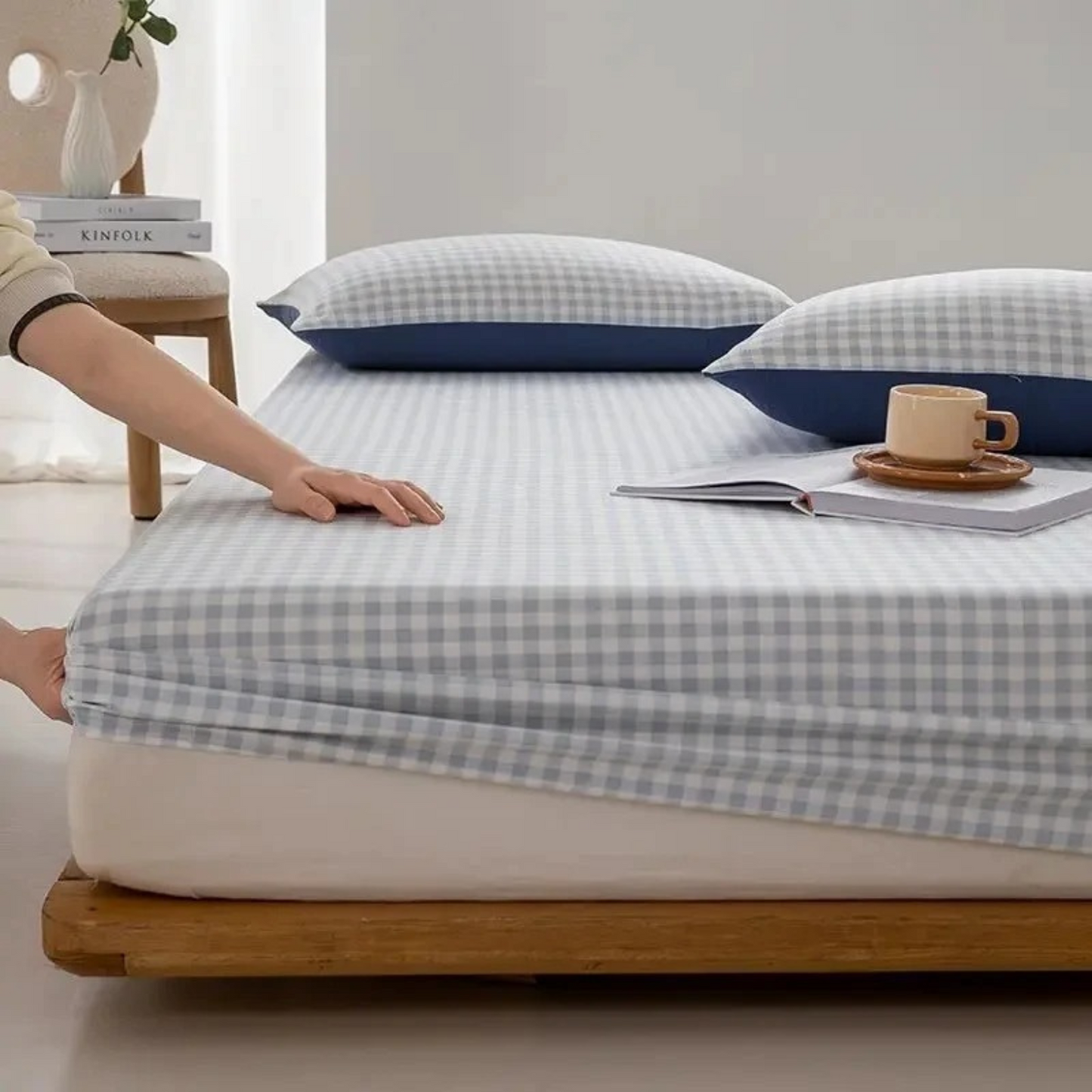 Classic Checkerboard Fitted Sheet for Minimalist Bedroom Decor Dark Blue NaLani