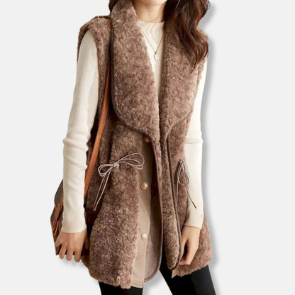 Womens Faux Wool Vest With Shawl Collar Relaxed Fit Hip Length