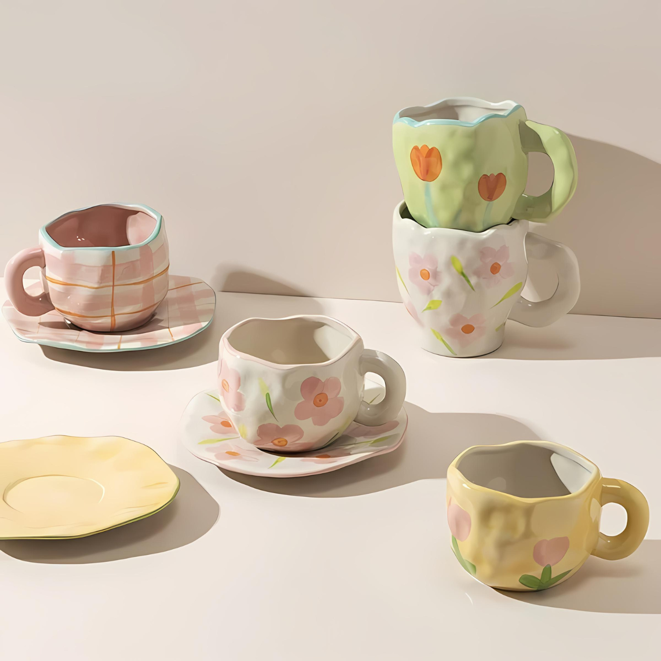 Handmade Mug and Saucer Set with Unique Artistic Designs NaLani