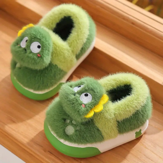 Cute Green Warm Plush Lined Dinosaur Slippers For Kids NALANI